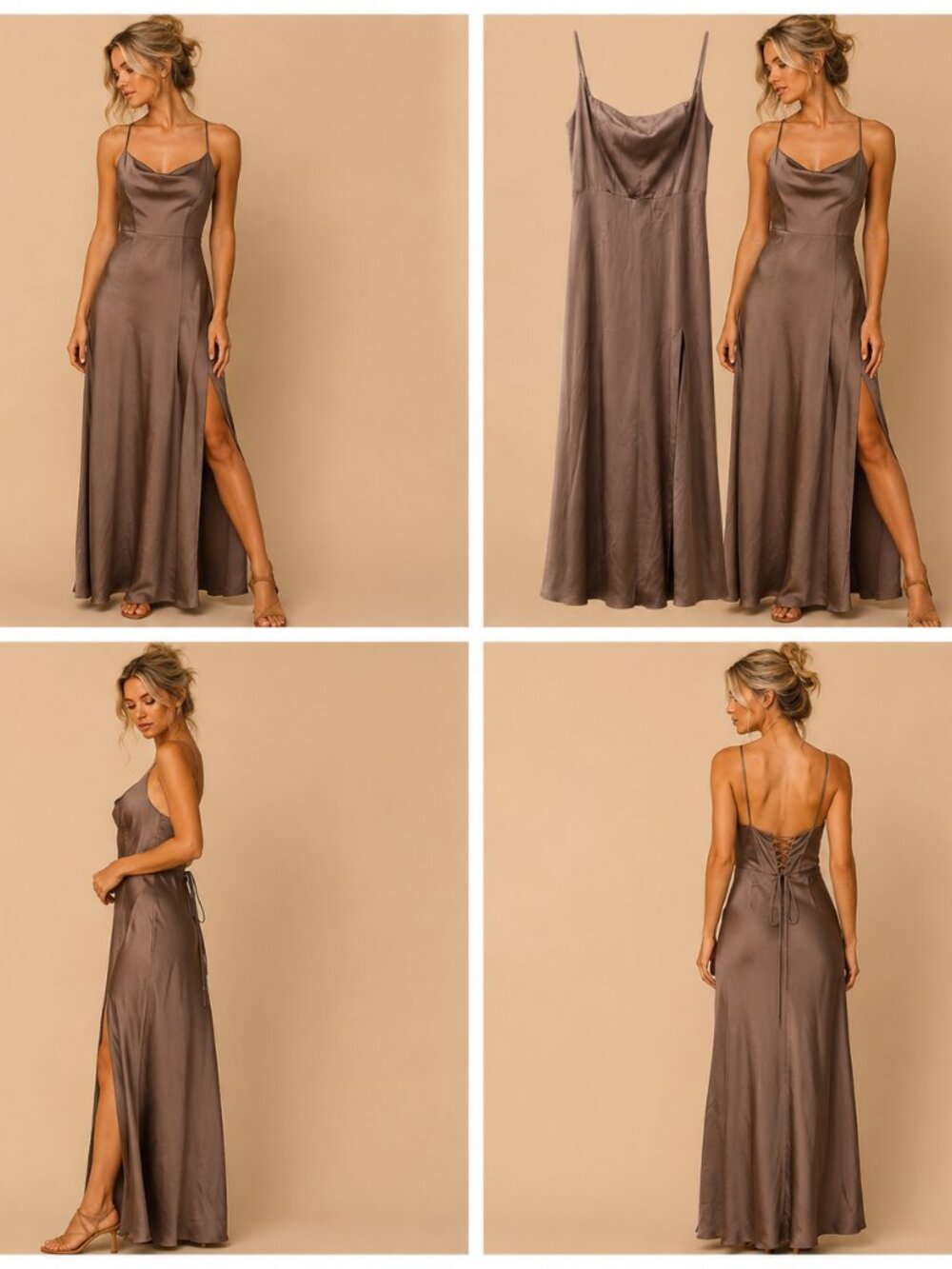 Birdy Grey Taupe Satin Corset Back Slit Maxi Dress Bridal Wedding Formal Evening